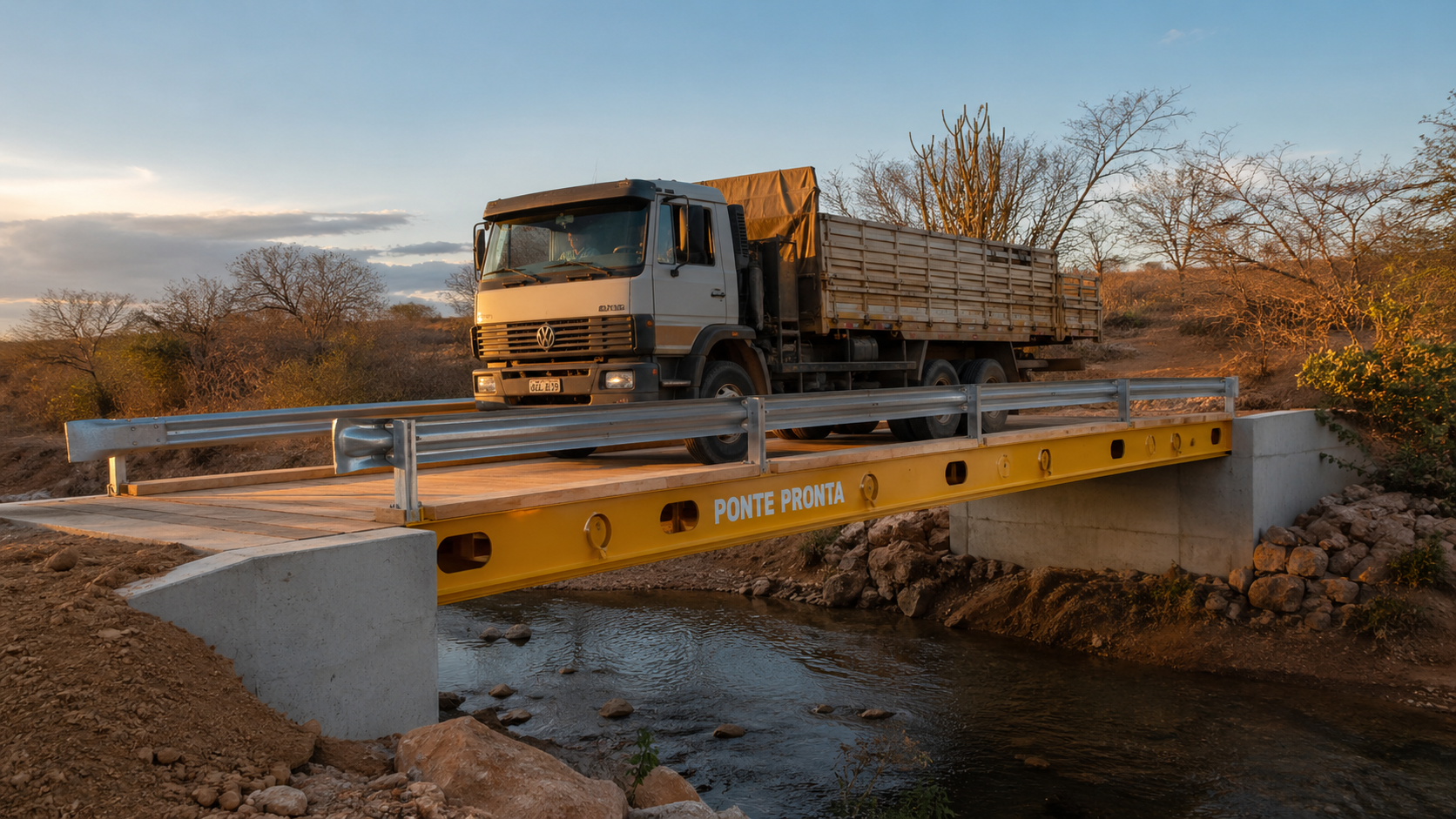 Caminhão pesado cruzando ponte modular de aço Ponte Pronta