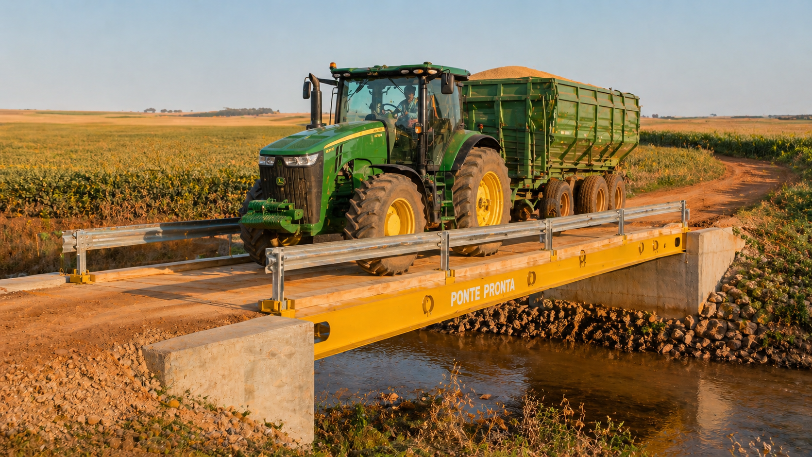 Trator agrícola atravessando ponte modular de aço em fazenda