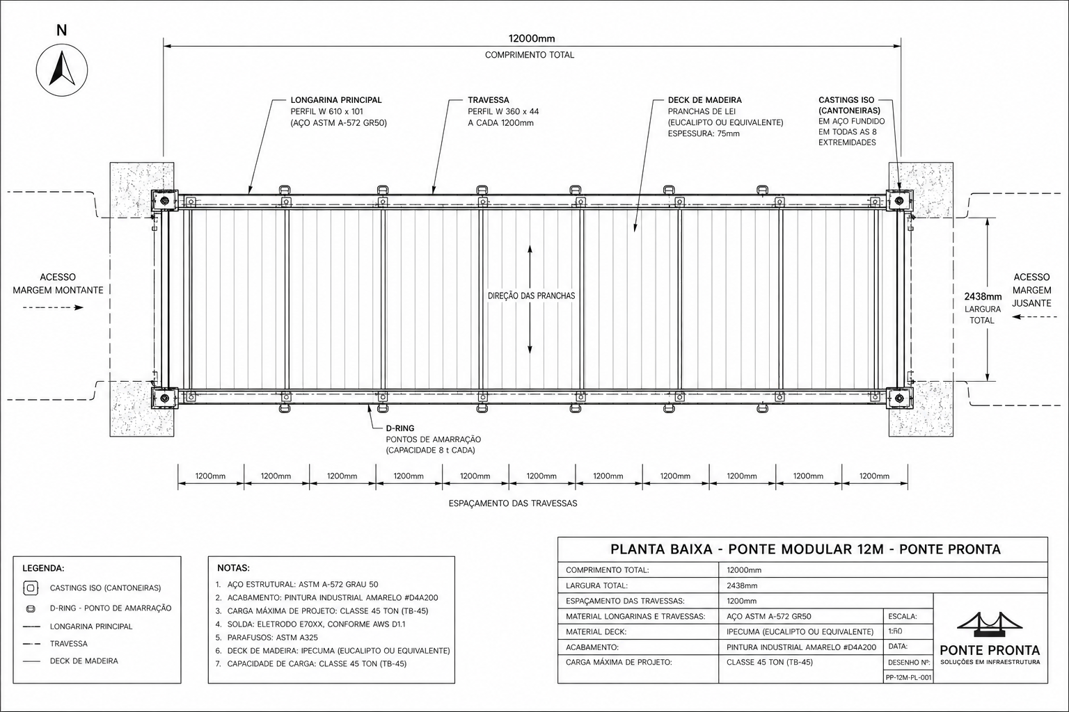Planta baixa de ponte modular pré-fabricada com dimensões técnicas
